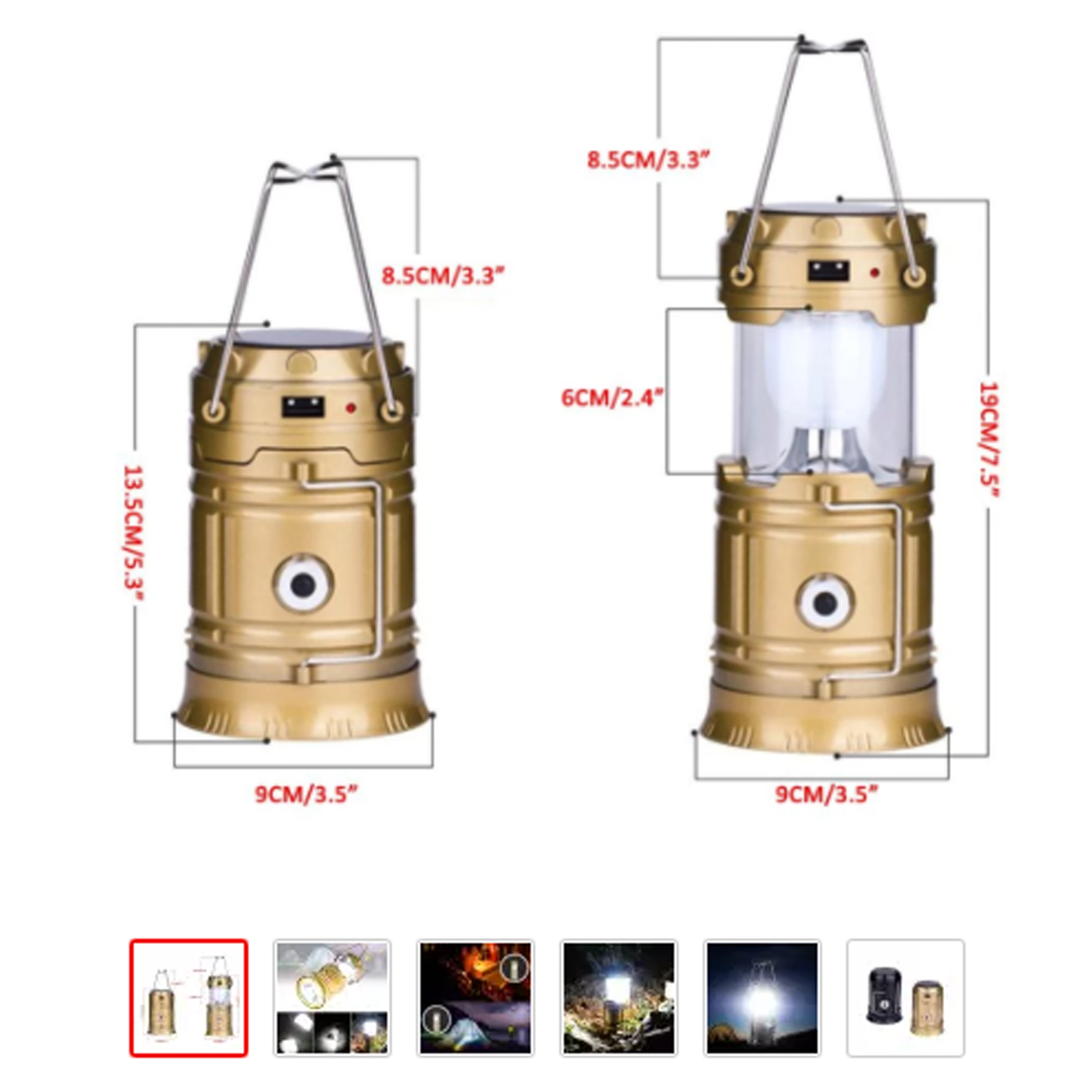 Rechargeable Led Camping Lantern Solar Flashlight Gold onide.lk