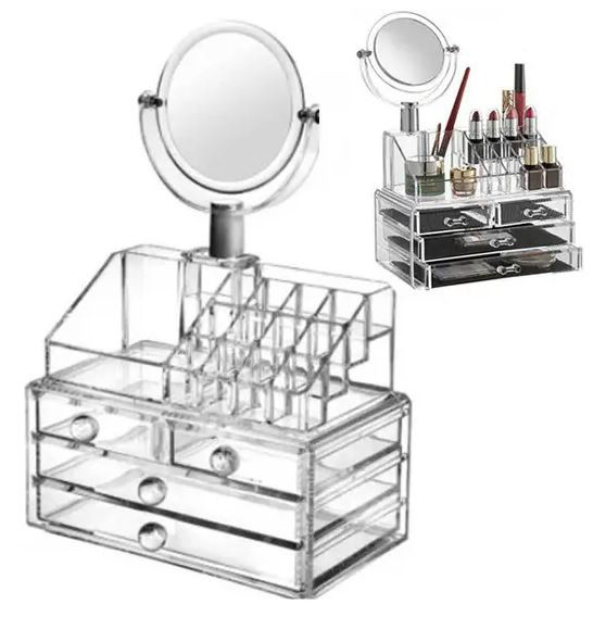 Acrylic Cosmetic Storage Box Makeup Organizer with Mirror JN870 onide.lk