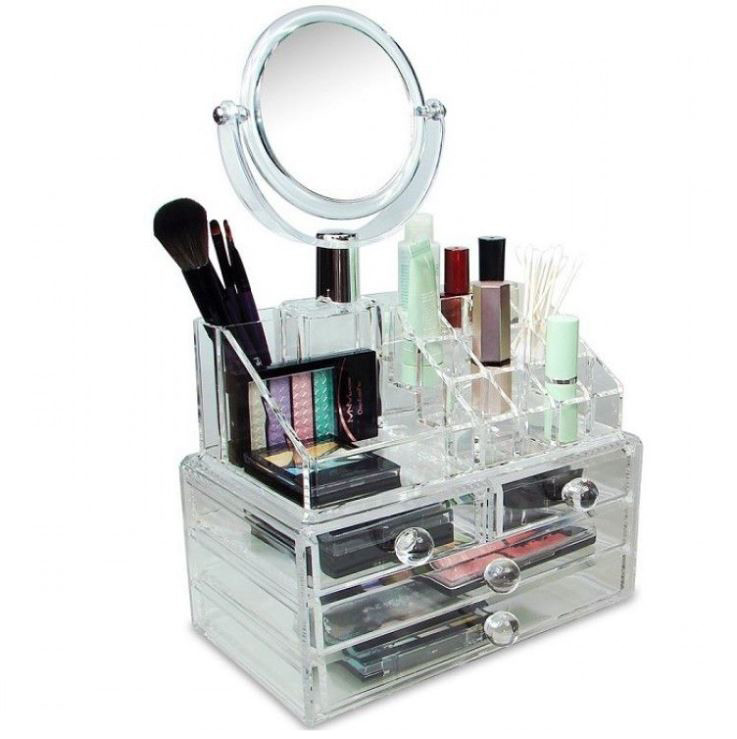Acrylic Cosmetic Storage Box Makeup Organizer with Mirror JN870 onide.lk